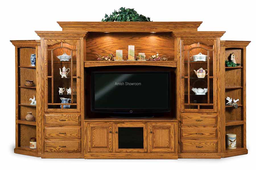 Custom Solid Wood Entertainment Centers Amish Showroom Hoosier Heritage 8 Piece Wall Unit With Adjule Bridge And Side Corner Cabinets Fve 049 Hh