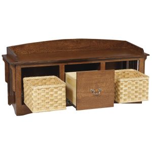Mission Slat Bench with Baskets & Drawers